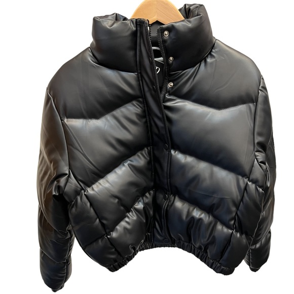 20. Women’s Black Vegan Leather Puffer Coat NWT - Picture 1 of 2